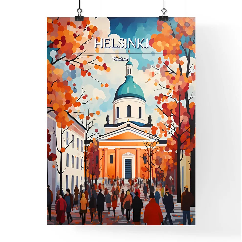 Helsinki, Finland - Art print of a group of people walking in front of a building Poster