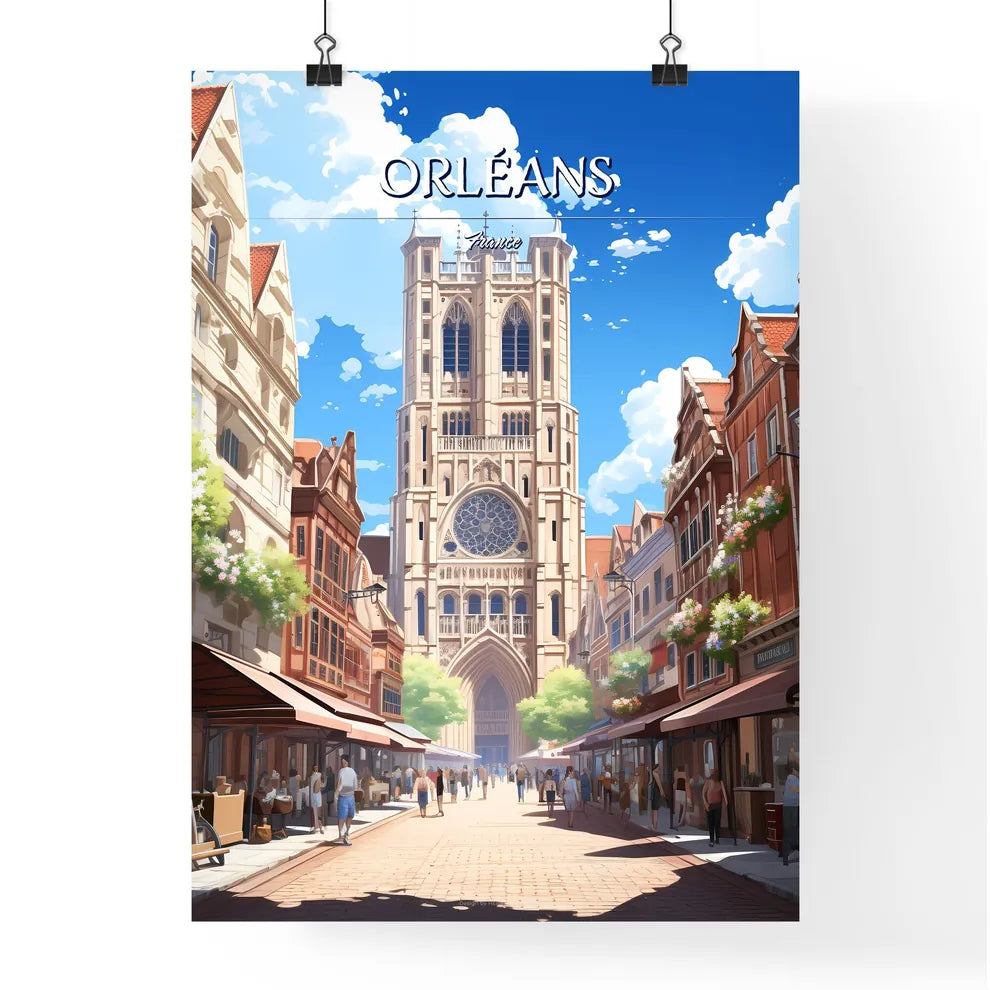 Orléans, France - Art print of a street with people walking around a tall building Poster