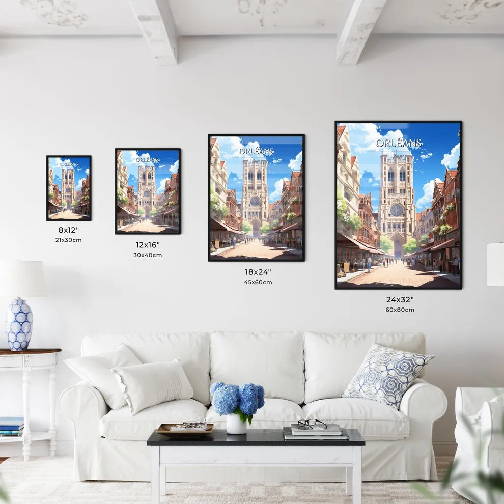 Orléans, France - Art print of a street with people walking around a tall building Size Chart