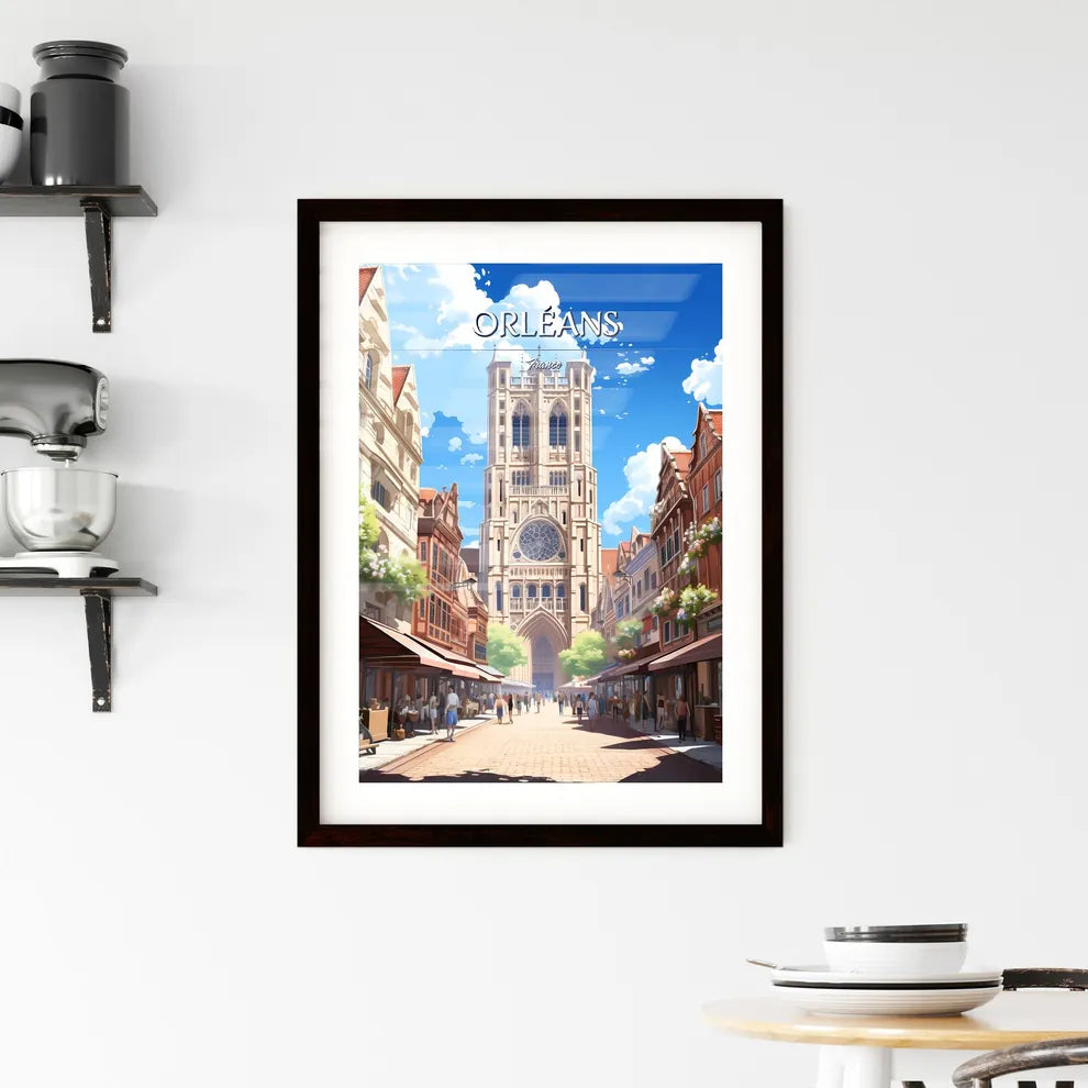 Orléans, France - Art print of a street with people walking around a tall building Custom Print