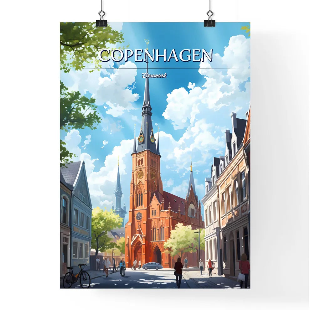 Copenhagen, Denmark - Art print of a church with a steeple and people walking in the street Poster