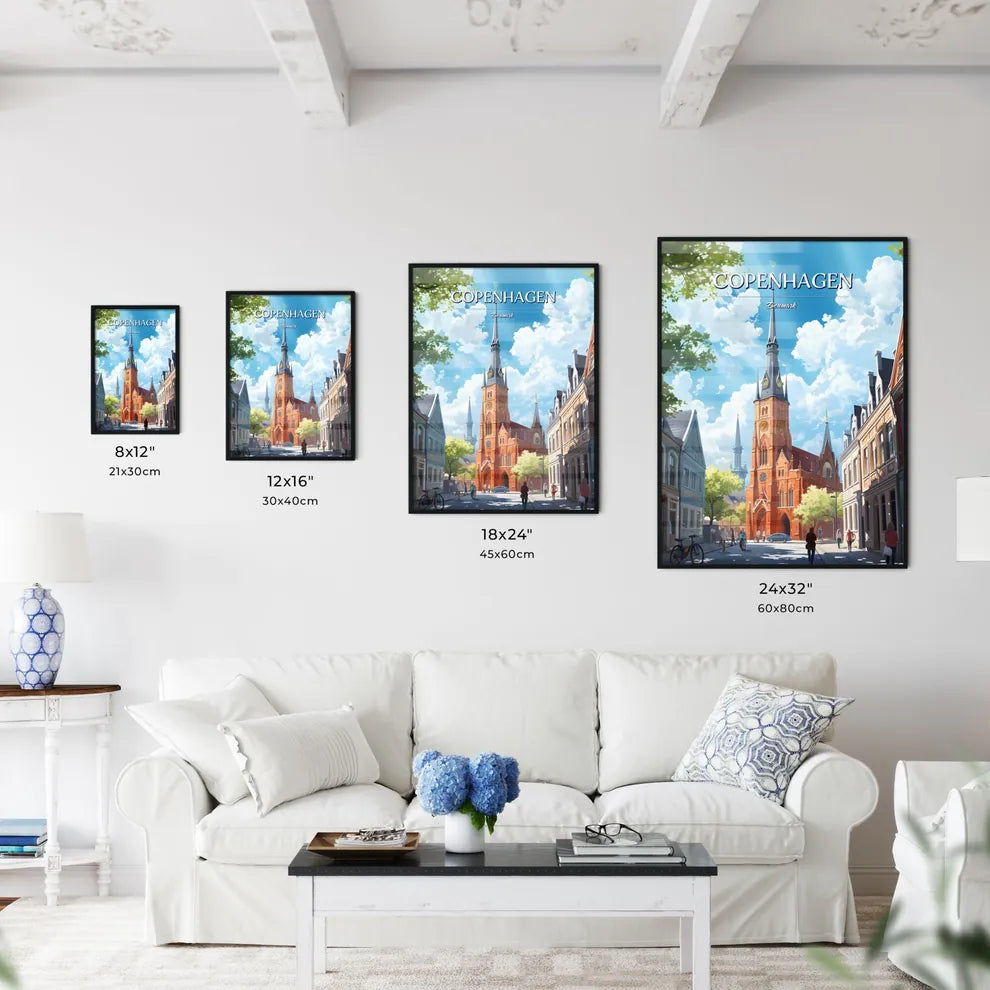 Copenhagen, Denmark - Art print of a church with a steeple and people walking in the street Size Chart