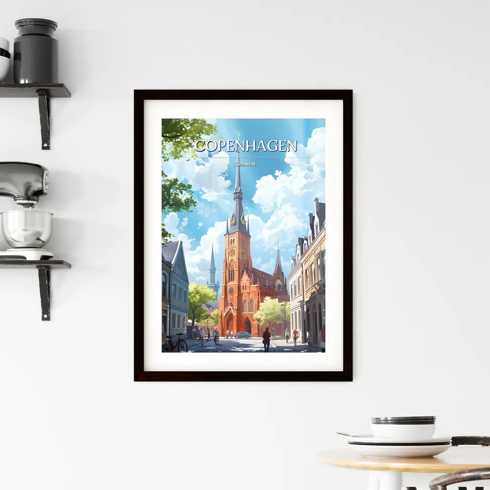Copenhagen, Denmark - Art print of a church with a steeple and people walking in the street Custom Print