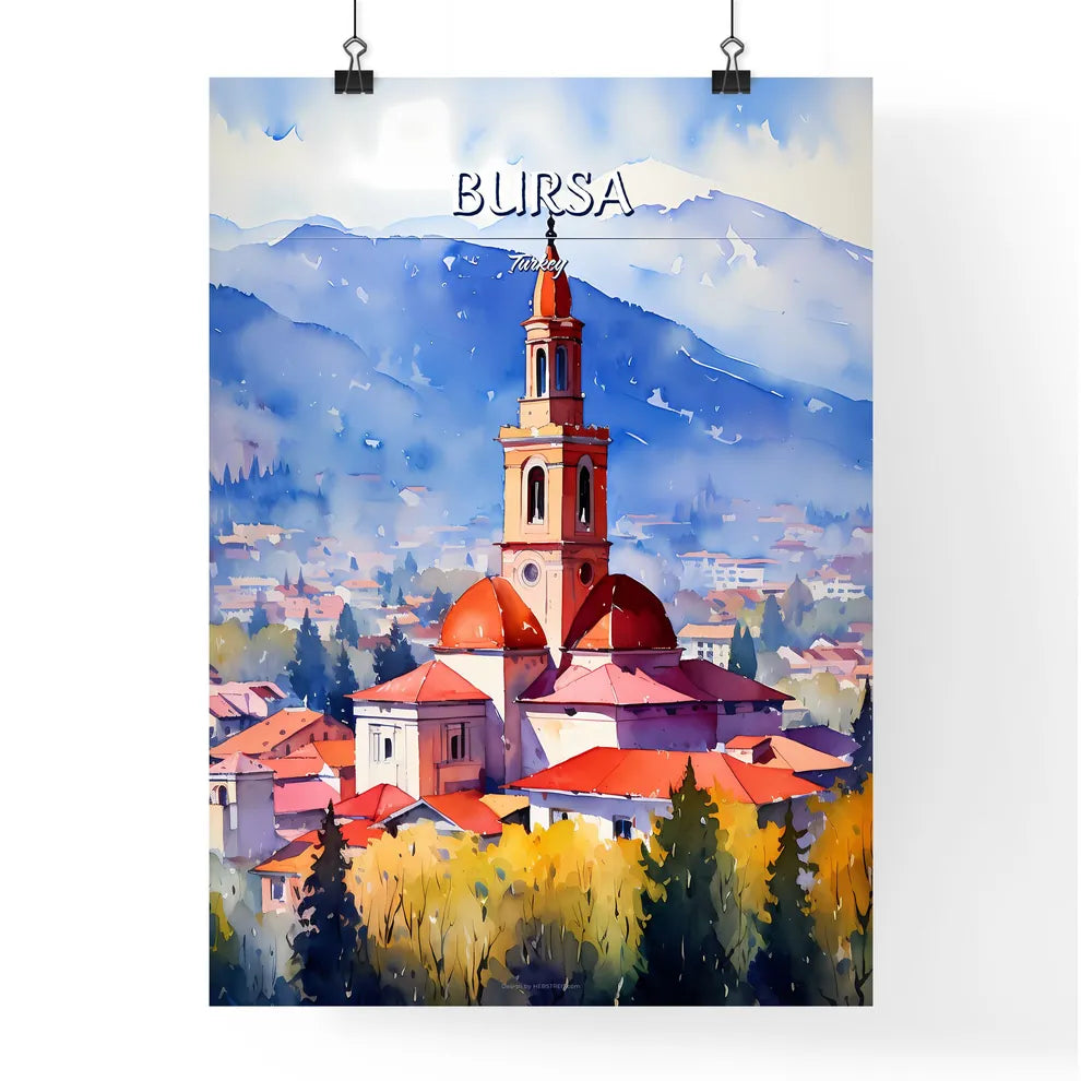 Bursa, Turkey - Art print of a watercolor painting of a building with a steeple and trees in front of mountains Poster