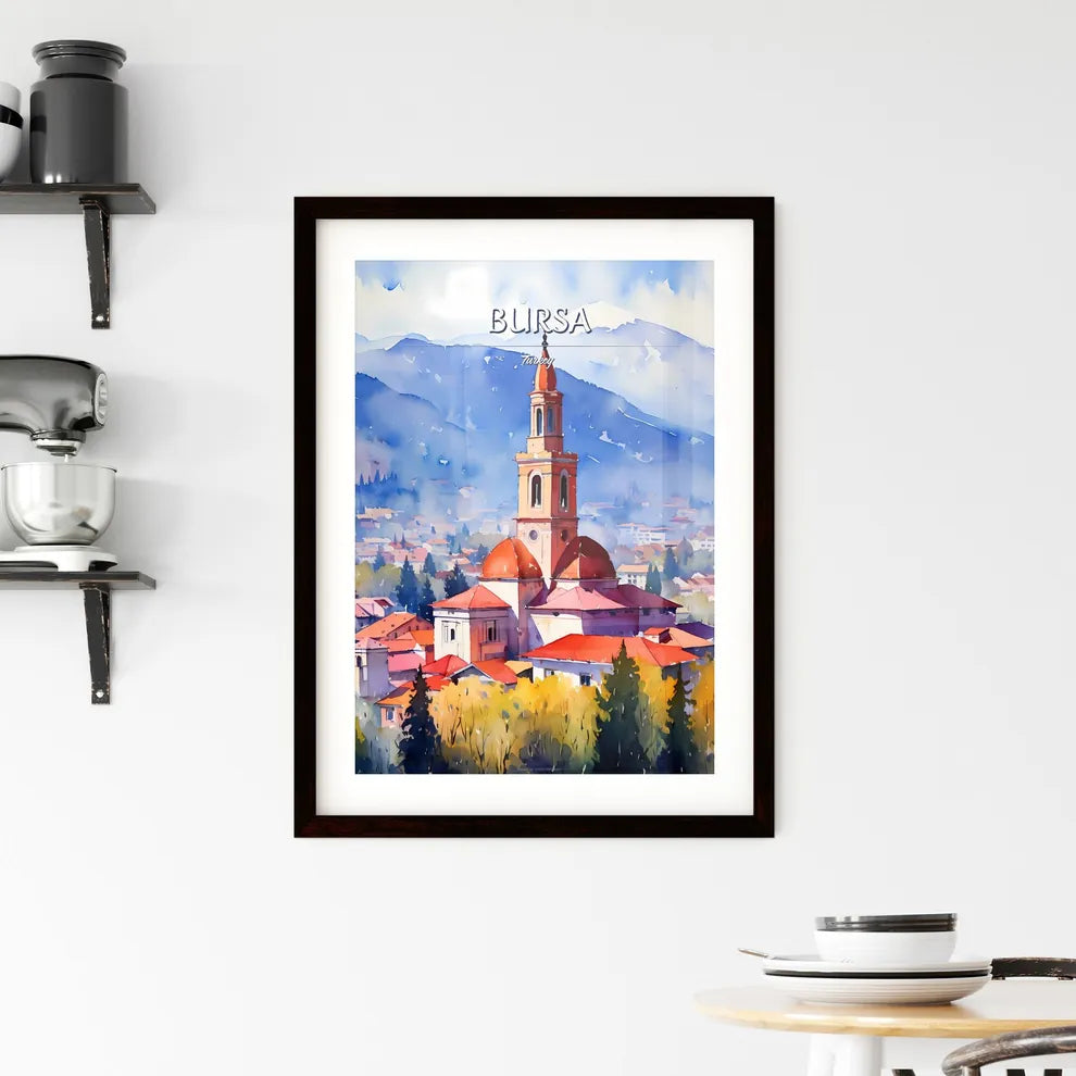 Bursa, Turkey - Art print of a watercolor painting of a building with a steeple and trees in front of mountains Custom Print