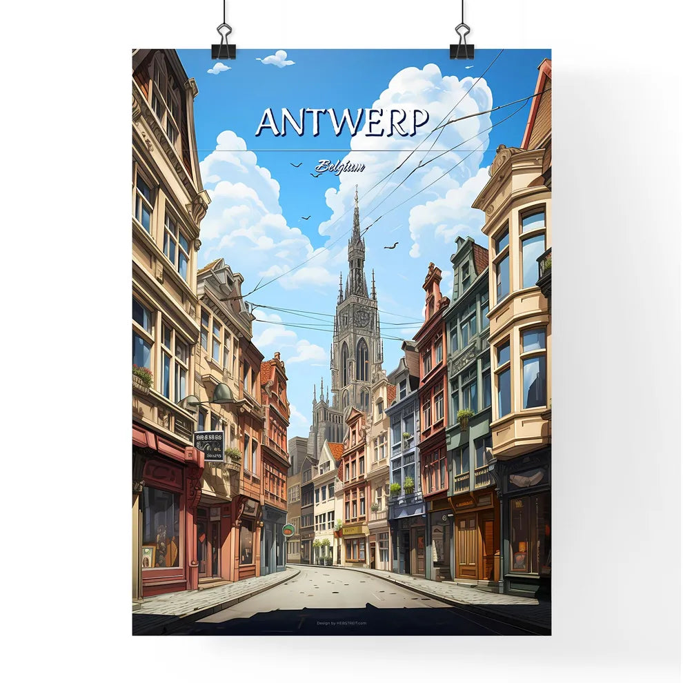 Antwerp, Belgium - Art print of a street with buildings and a tall tower Poster