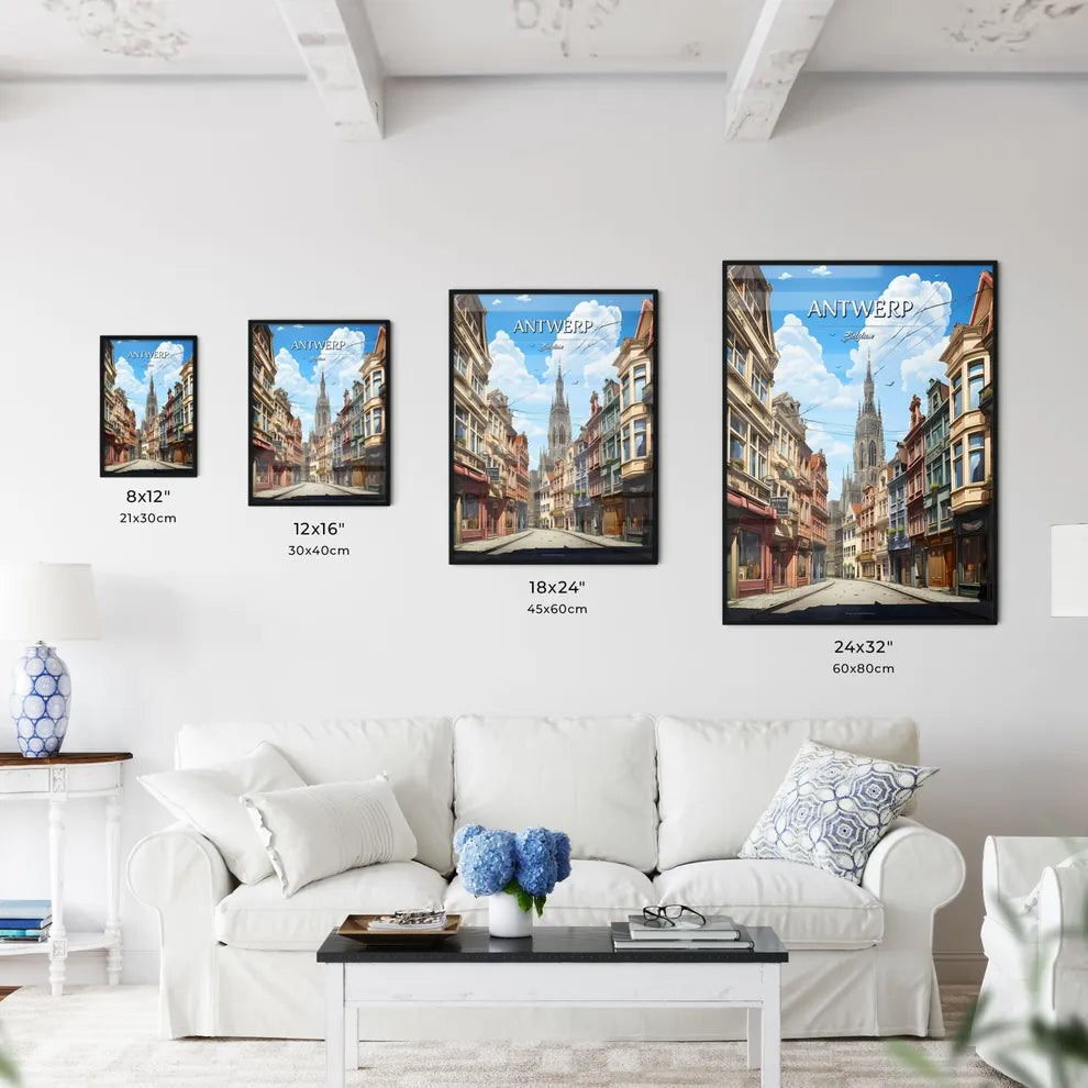 Antwerp, Belgium - Art print of a street with buildings and a tall tower Size Chart