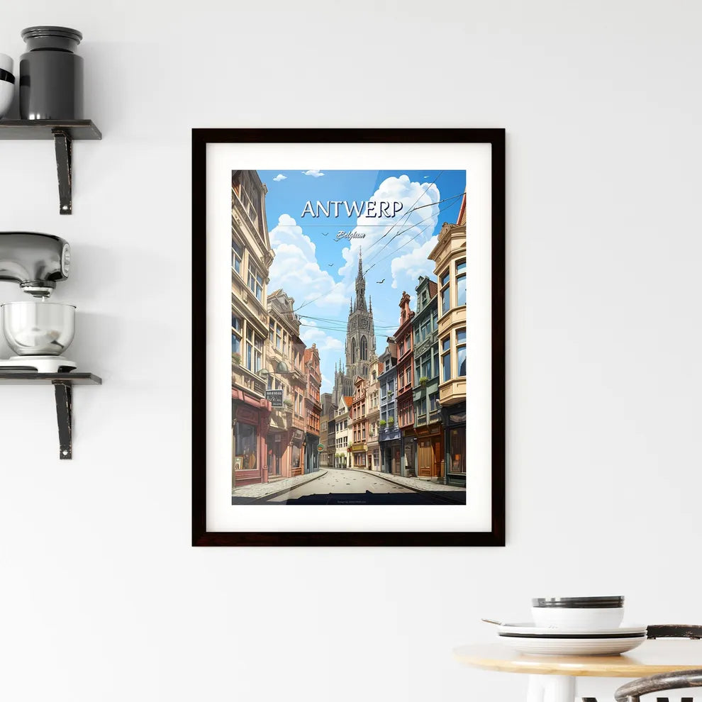 Antwerp, Belgium - Art print of a street with buildings and a tall tower Custom Print