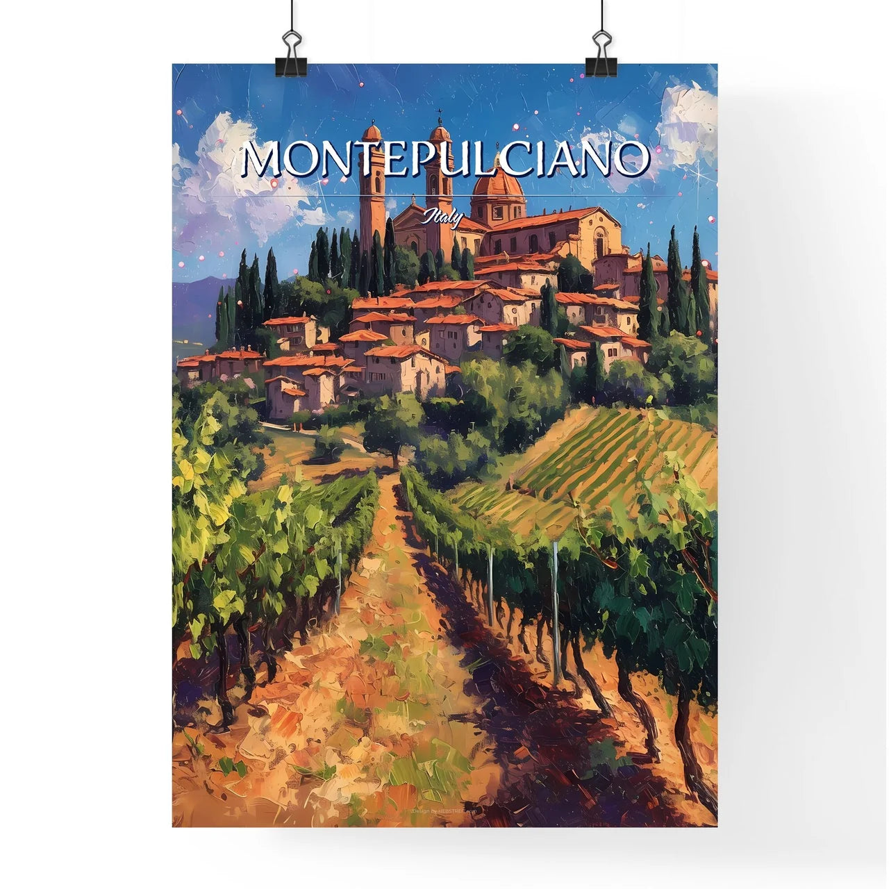 Montepulciano, Italy - Art print of a painting of a town on a hill with trees and a vineyard Poster