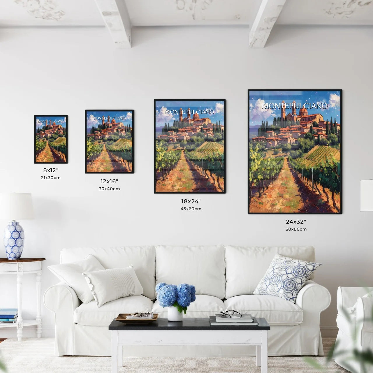 Montepulciano, Italy - Art print of a painting of a town on a hill with trees and a vineyard Size Chart