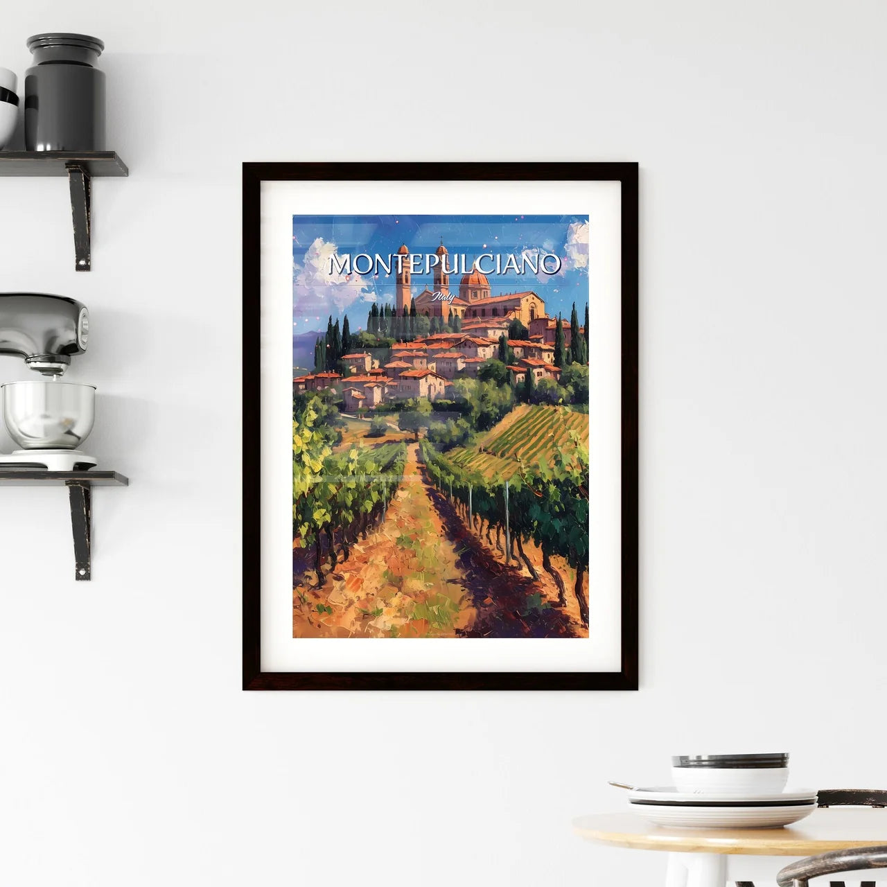Montepulciano, Italy - Art print of a painting of a town on a hill with trees and a vineyard Custom Print