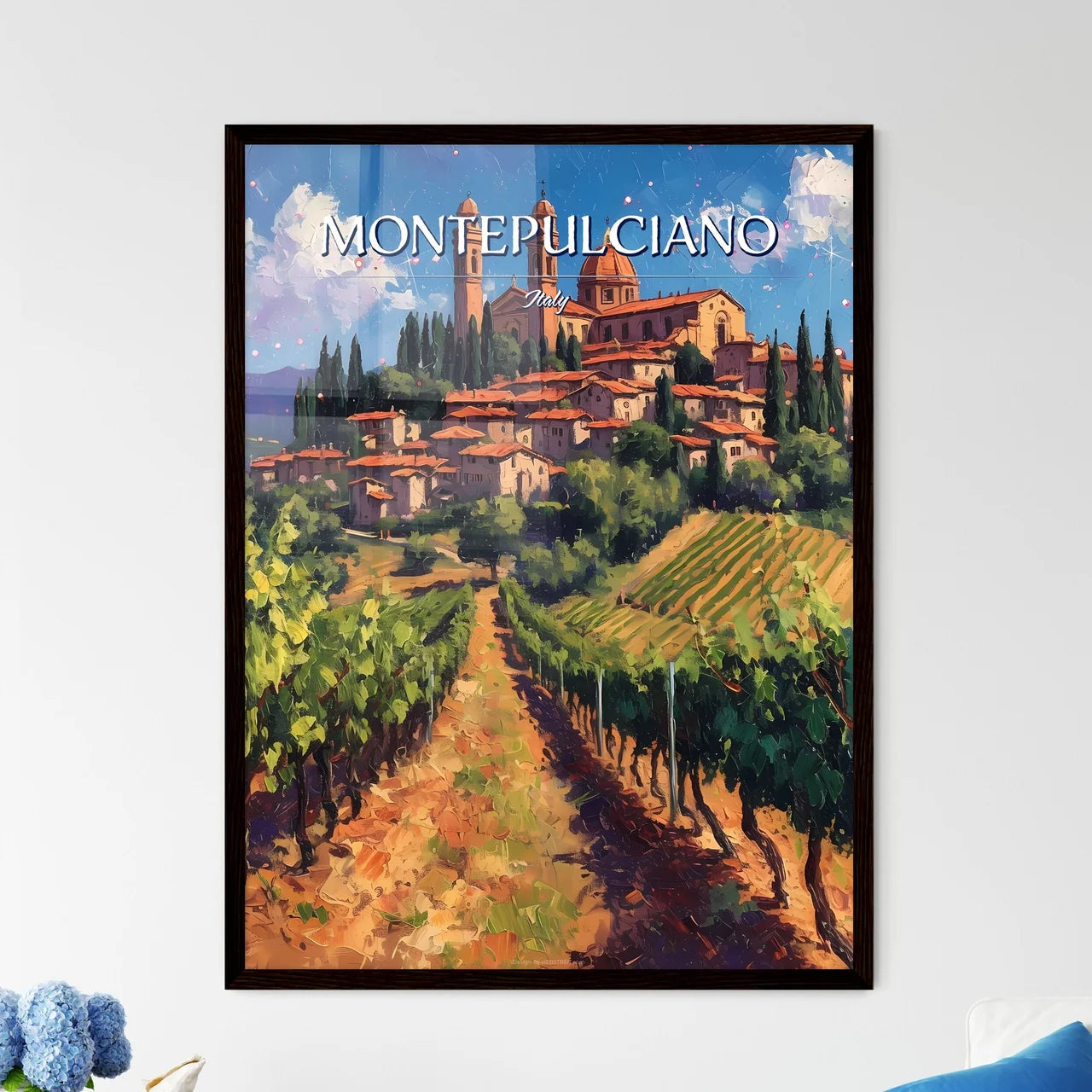 Montepulciano, Italy - Art print of a painting of a town on a hill with trees and a vineyard Framed Art