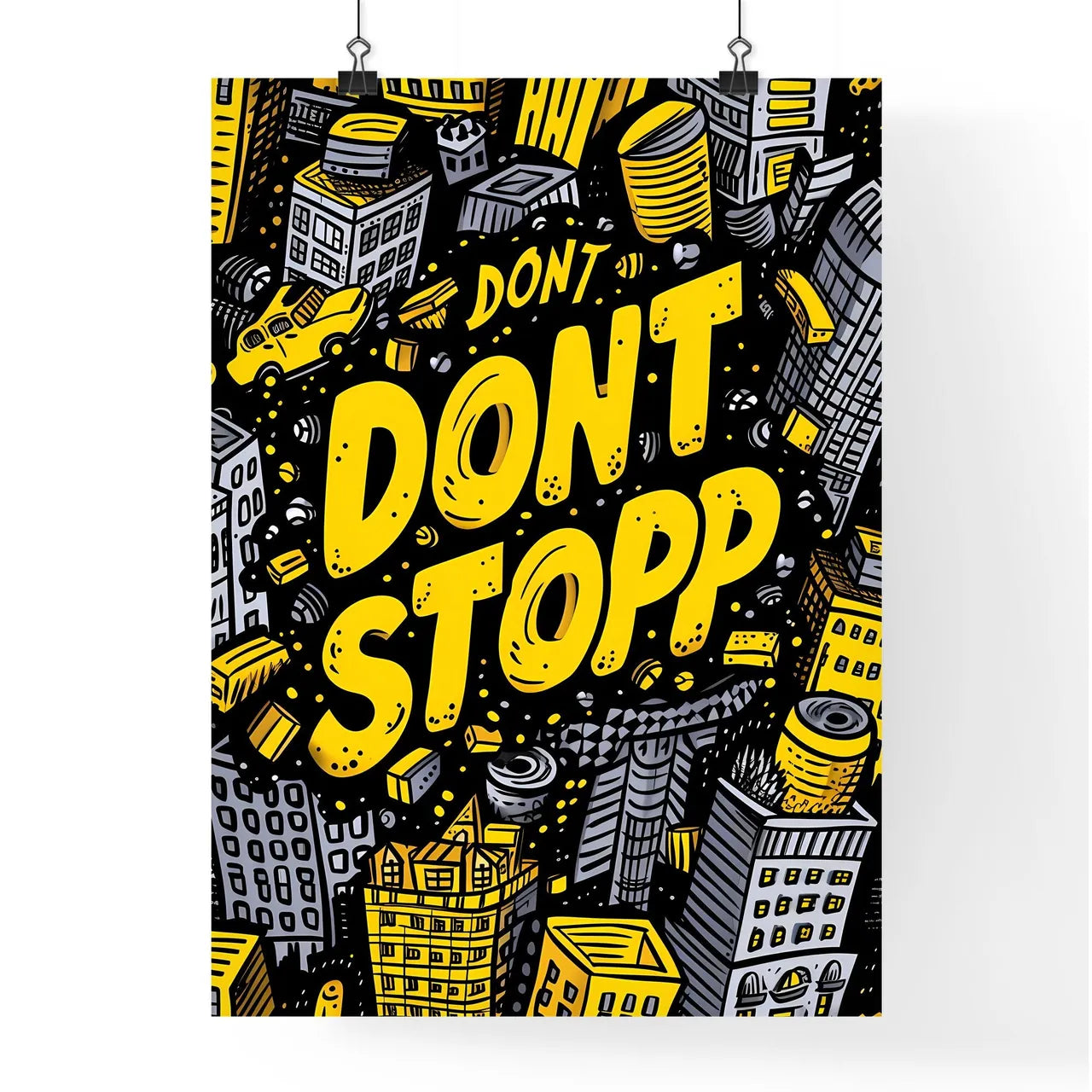 Repeated pattern of the word DONT STOP in hand-writting graffiti-style - Art print of a yellow and black doodle of buildings and words Poster