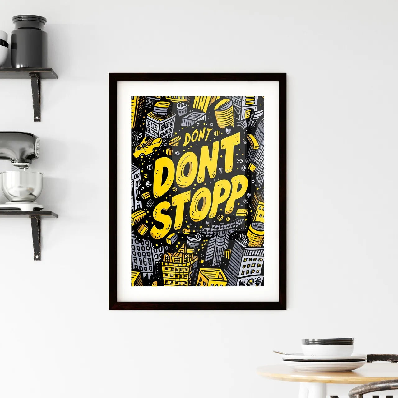 Repeated pattern of the word DONT STOP in hand-writting graffiti-style - Art print of a yellow and black doodle of buildings and words Custom Print