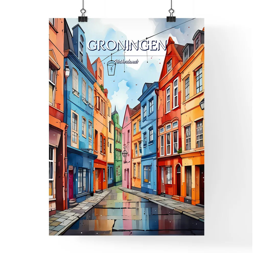 Groningen, Netherlands - Art print of a colorful buildings in a street Poster
