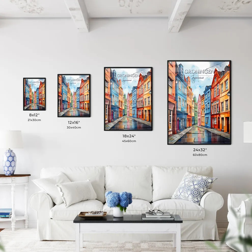 Groningen, Netherlands - Art print of a colorful buildings in a street Size Chart