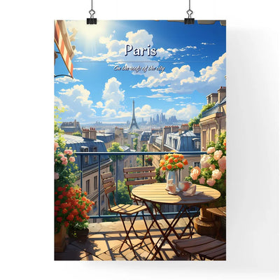 On the roofs of Paris - Art print of a balcony with a table and chairs and a view of the eiffel tower