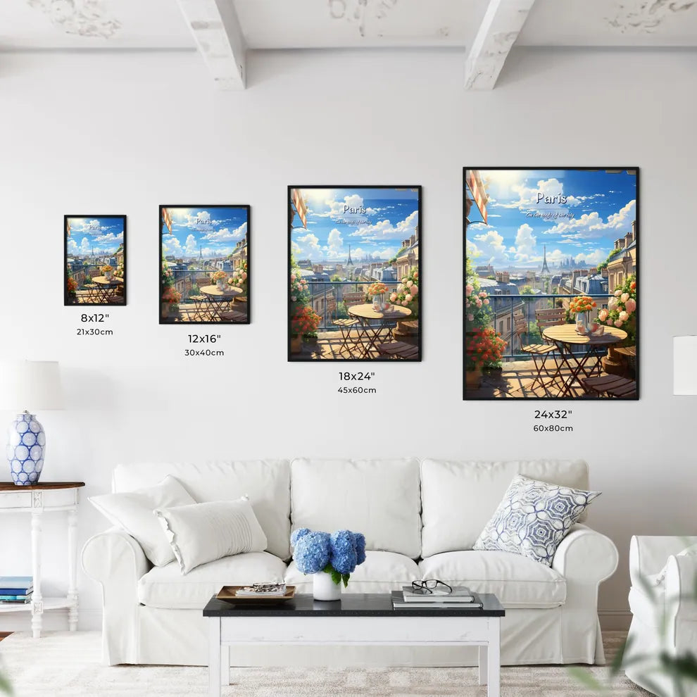 On the roofs of Paris - Art print of a balcony with a table and chairs and a view of the eiffel tower Size Chart