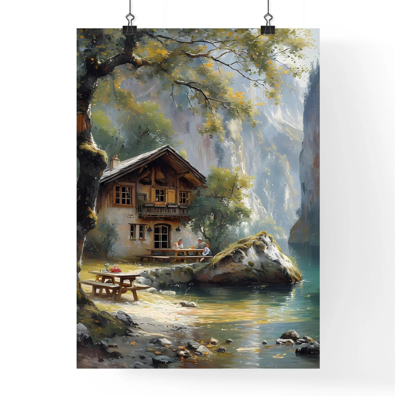 A landscape of the German countryside - Art print of a house by a lake Poster
