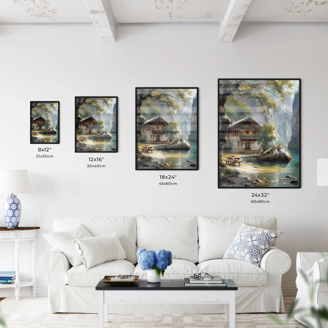 A landscape of the German countryside - Art print of a house by a lake Size Chart