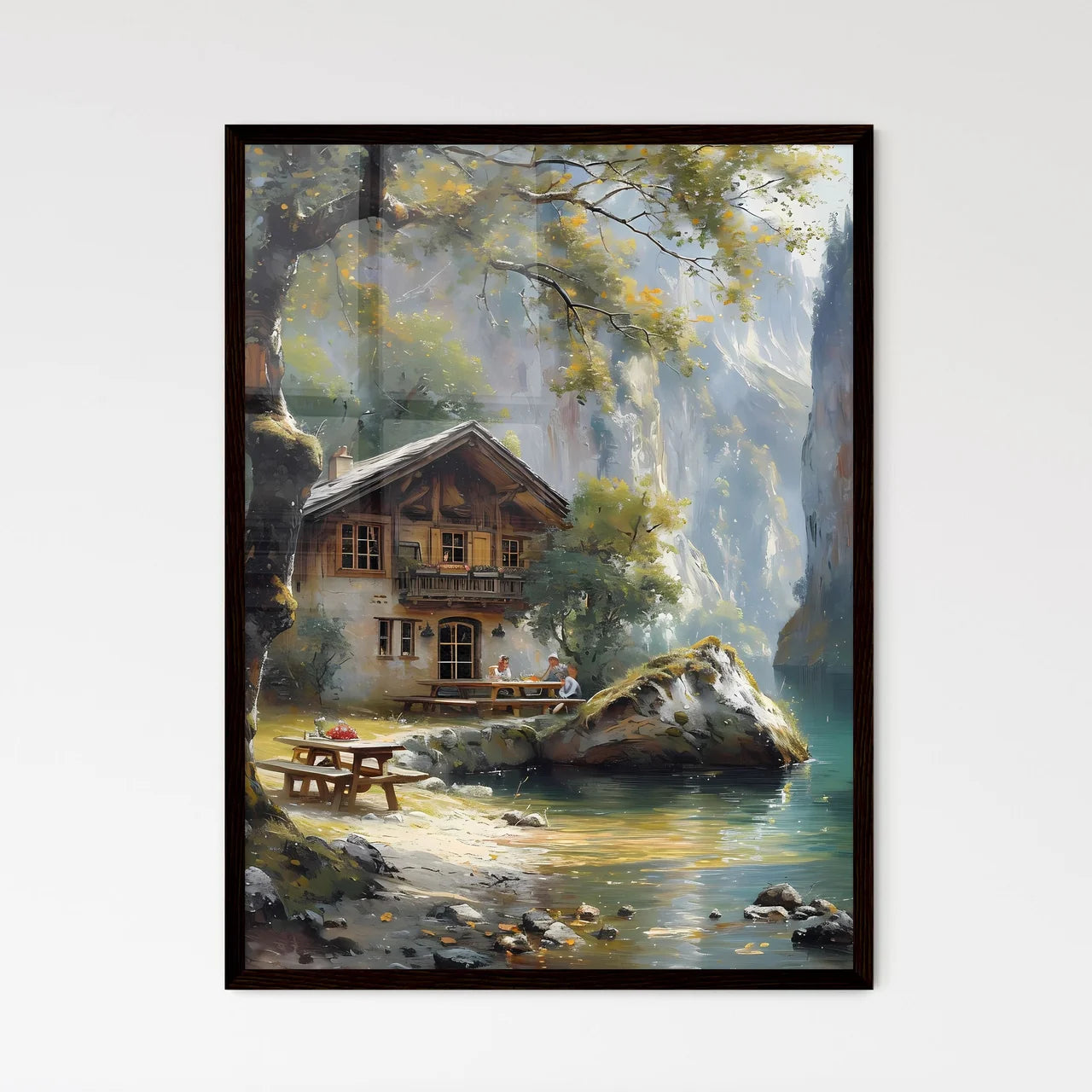 A landscape of the German countryside - Art print of a house by a lake Framed Art