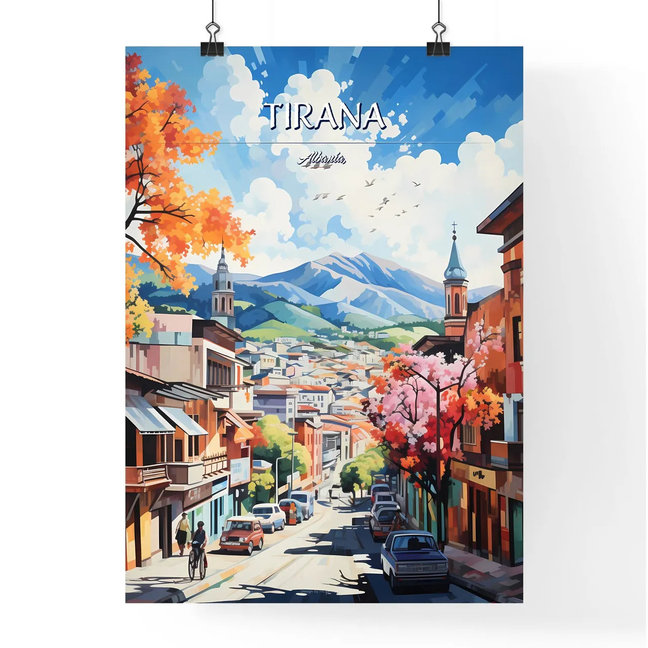 Tirana, Albania, - Art print of a painting of a street with cars and mountains in the background Poster