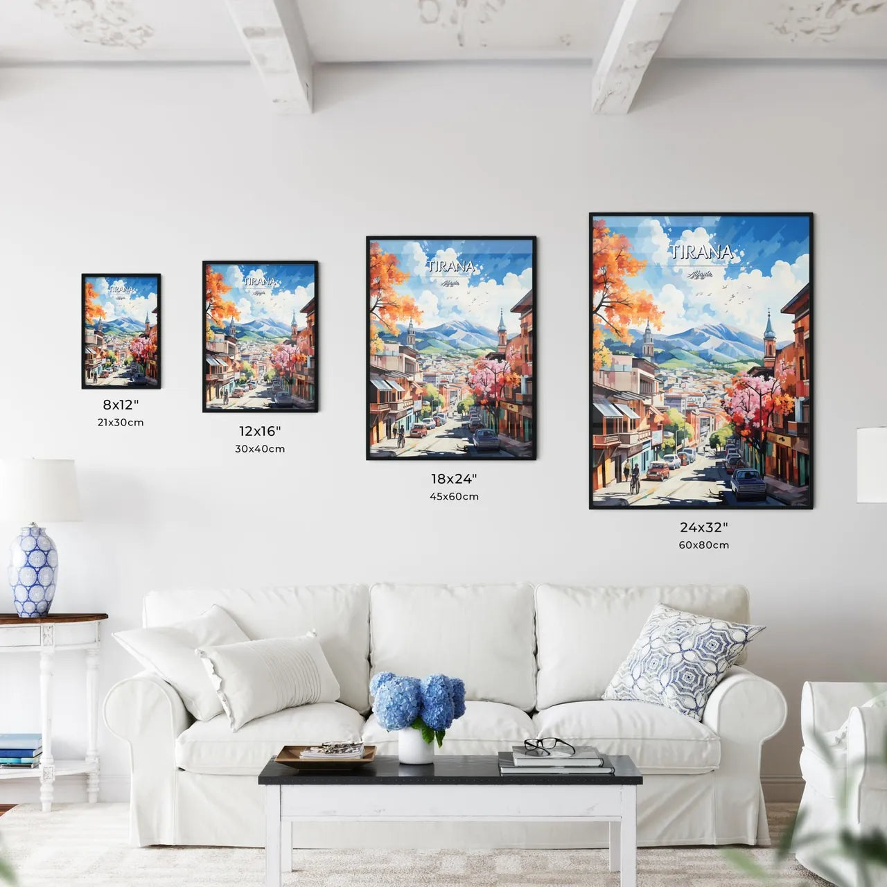 Tirana, Albania, - Art print of a painting of a street with cars and mountains in the background Size Chart