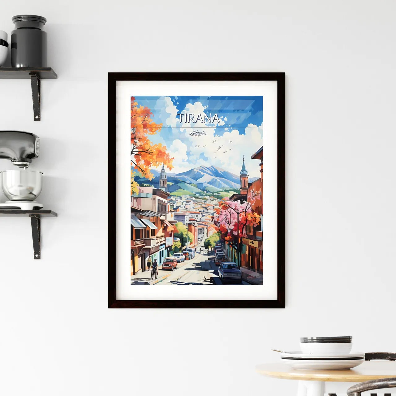 Tirana, Albania, - Art print of a painting of a street with cars and mountains in the background Custom Print