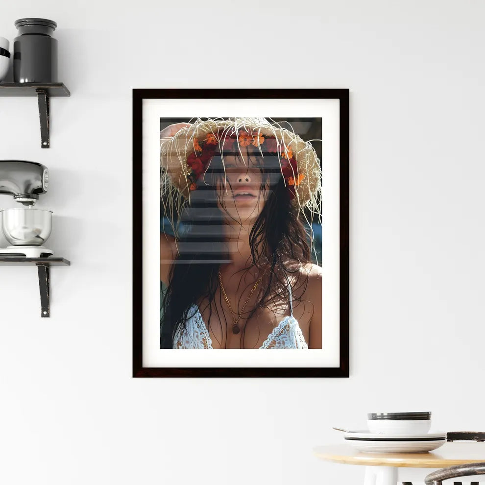 An image of a woman with flowers - Art print Framed Print