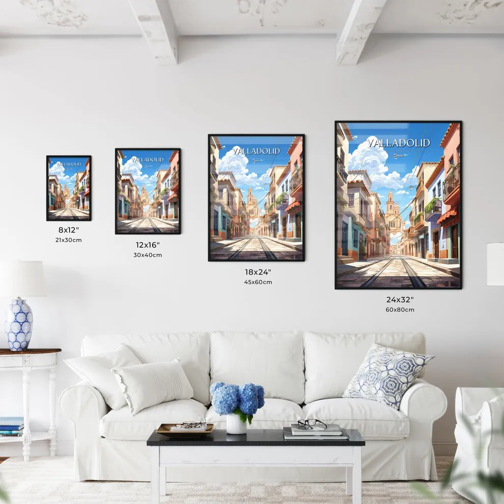 Valladolid, Spain - Art print of a street with buildings and a tower Size Chart