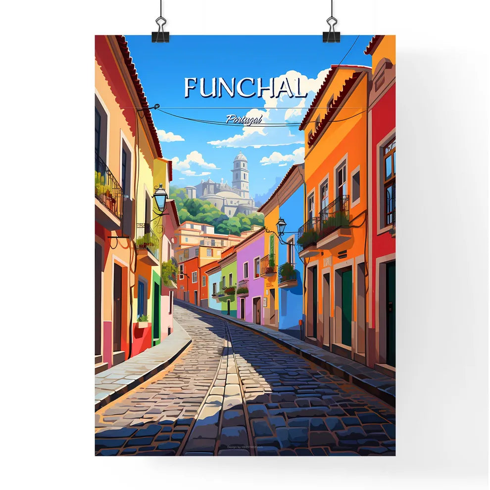 Funchal, Portugal - Art print of a colorful street with buildings and a castle in the background Poster