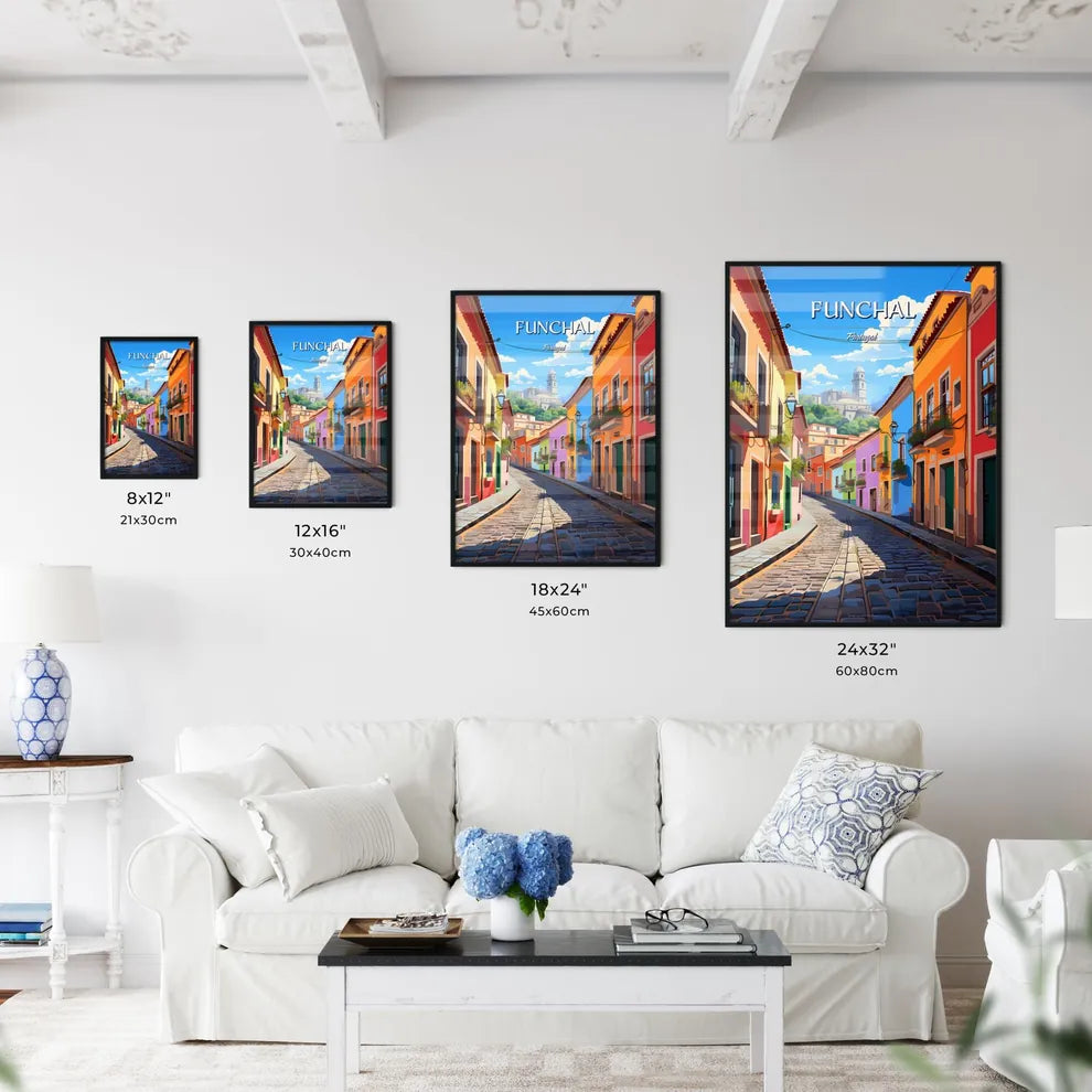 Funchal, Portugal - Art print of a colorful street with buildings and a castle in the background Size Chart
