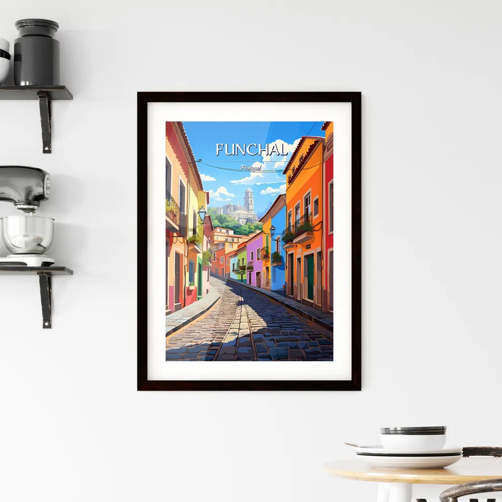 Funchal, Portugal - Art print of a colorful street with buildings and a castle in the background Custom Print