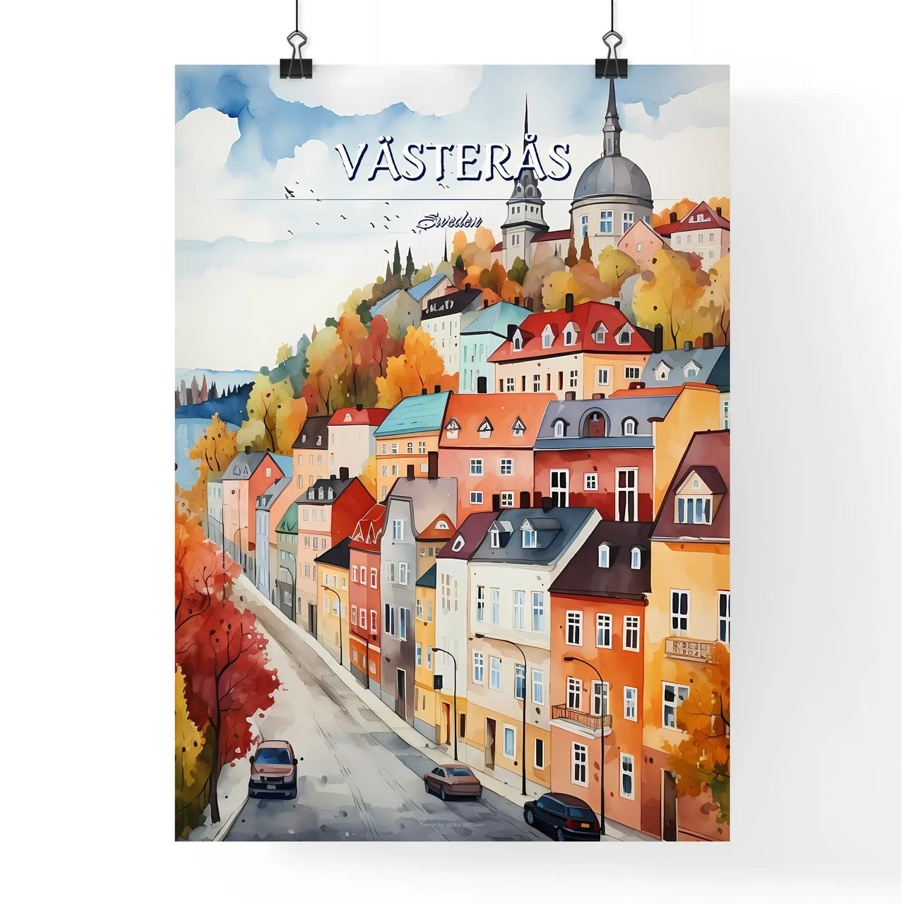 Västerås, Sweden, - Art print of a watercolor painting of a town Poster