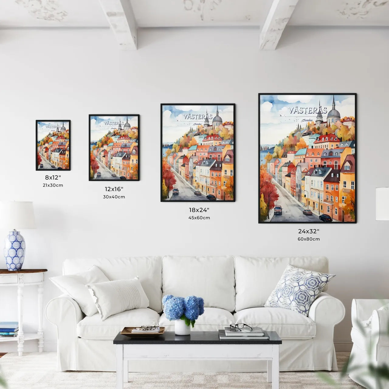 Västerås, Sweden, - Art print of a watercolor painting of a town Size Chart