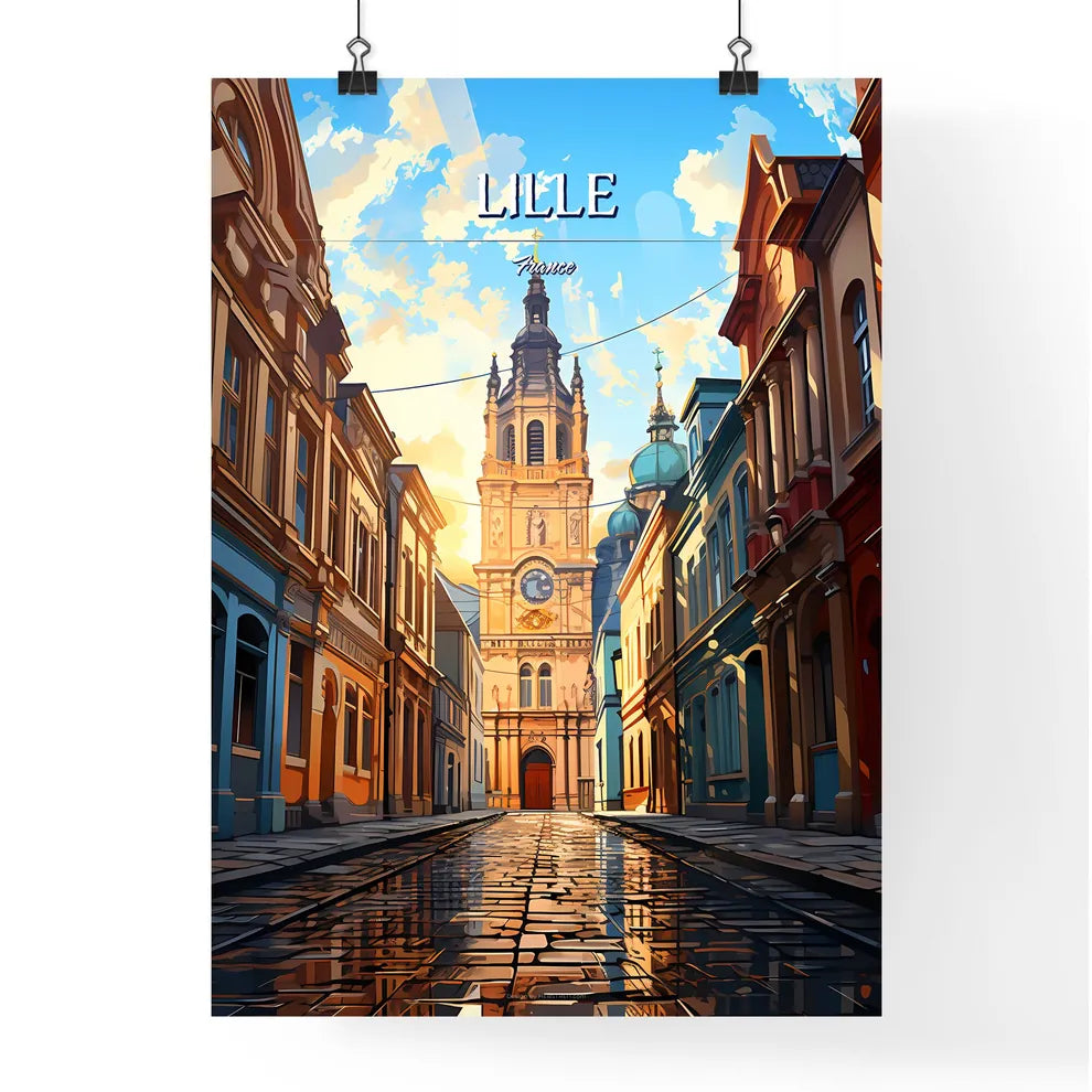 Lille, France - Art print of a street with buildings and a clock tower Poster