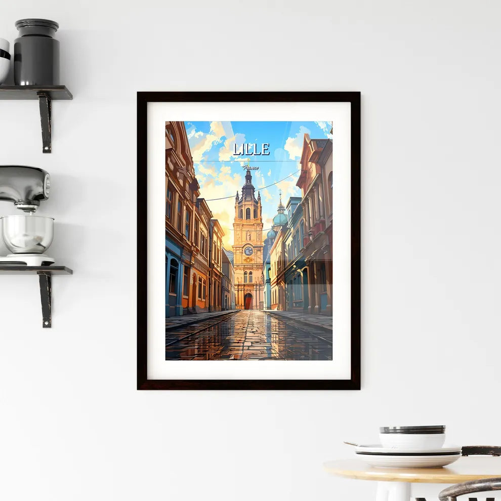 Lille, France - Art print of a street with buildings and a clock tower Custom Print