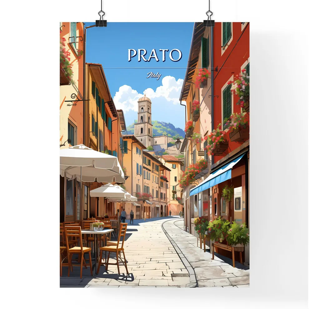 Prato, Italy - Art print of a street with tables and chairs and tables with umbrellas and flowers Poster