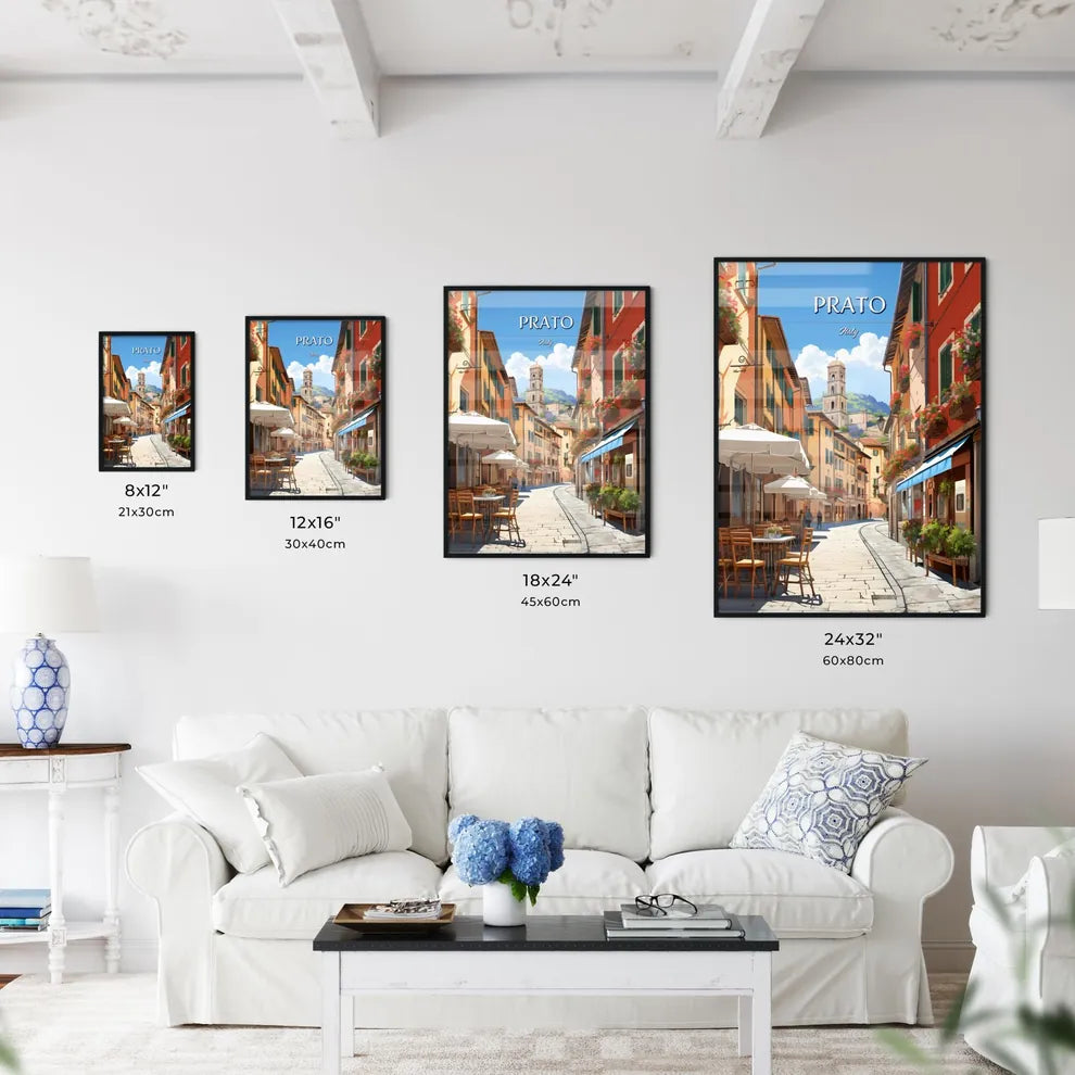 Prato, Italy - Art print of a street with tables and chairs and tables with umbrellas and flowers Size Chart