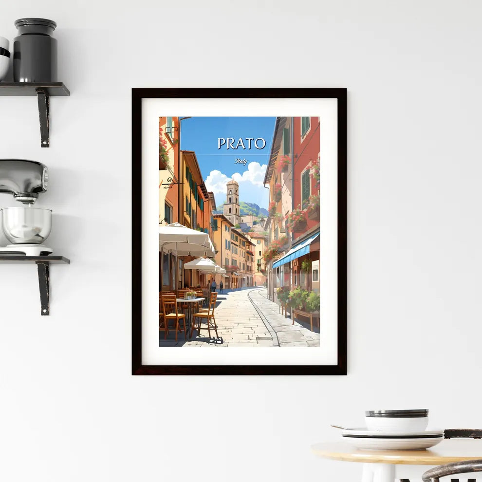 Prato, Italy - Art print of a street with tables and chairs and tables with umbrellas and flowers Custom Print