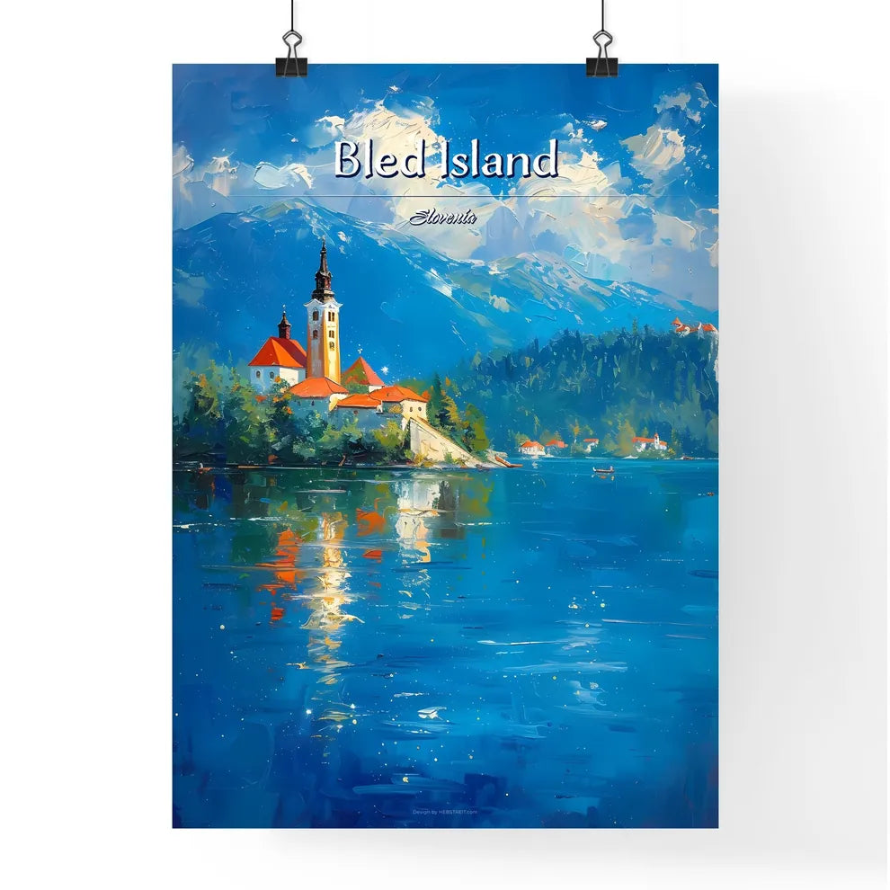 Bled Island, Slovenia - Art print of a painting of a building on an island in a lake Poster
