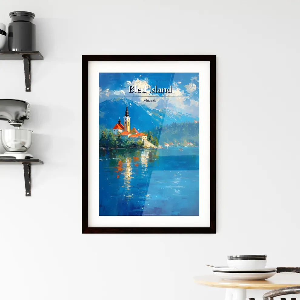 Bled Island, Slovenia - Art print of a painting of a building on an island in a lake Custom Print