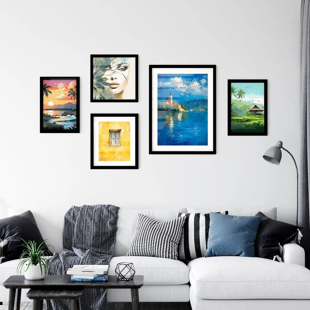 Bled Island, Slovenia - Art print of a painting of a building on an island in a lake Interior Design