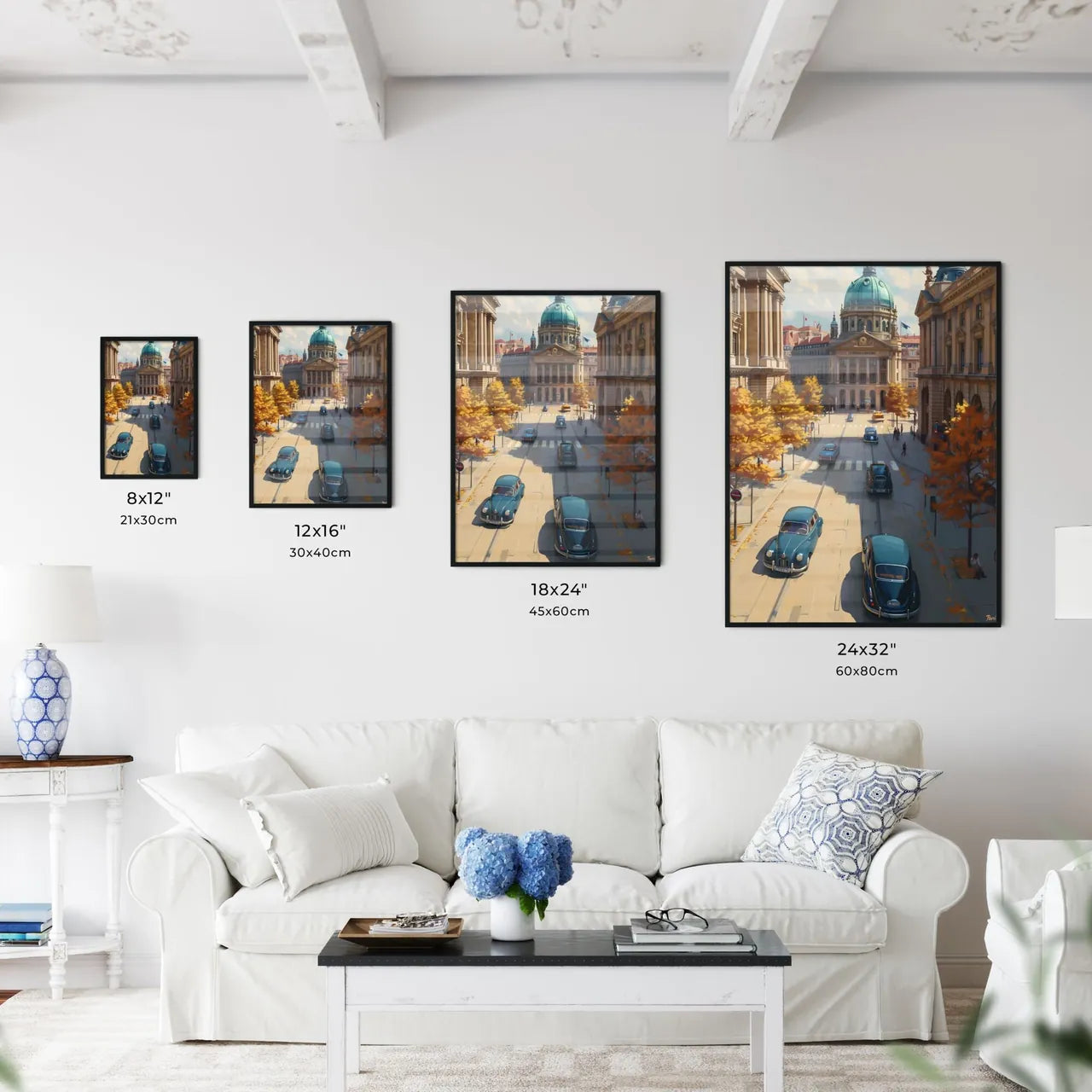 Poster of Paris - Art print of a street with cars and buildings in the background Size Chart