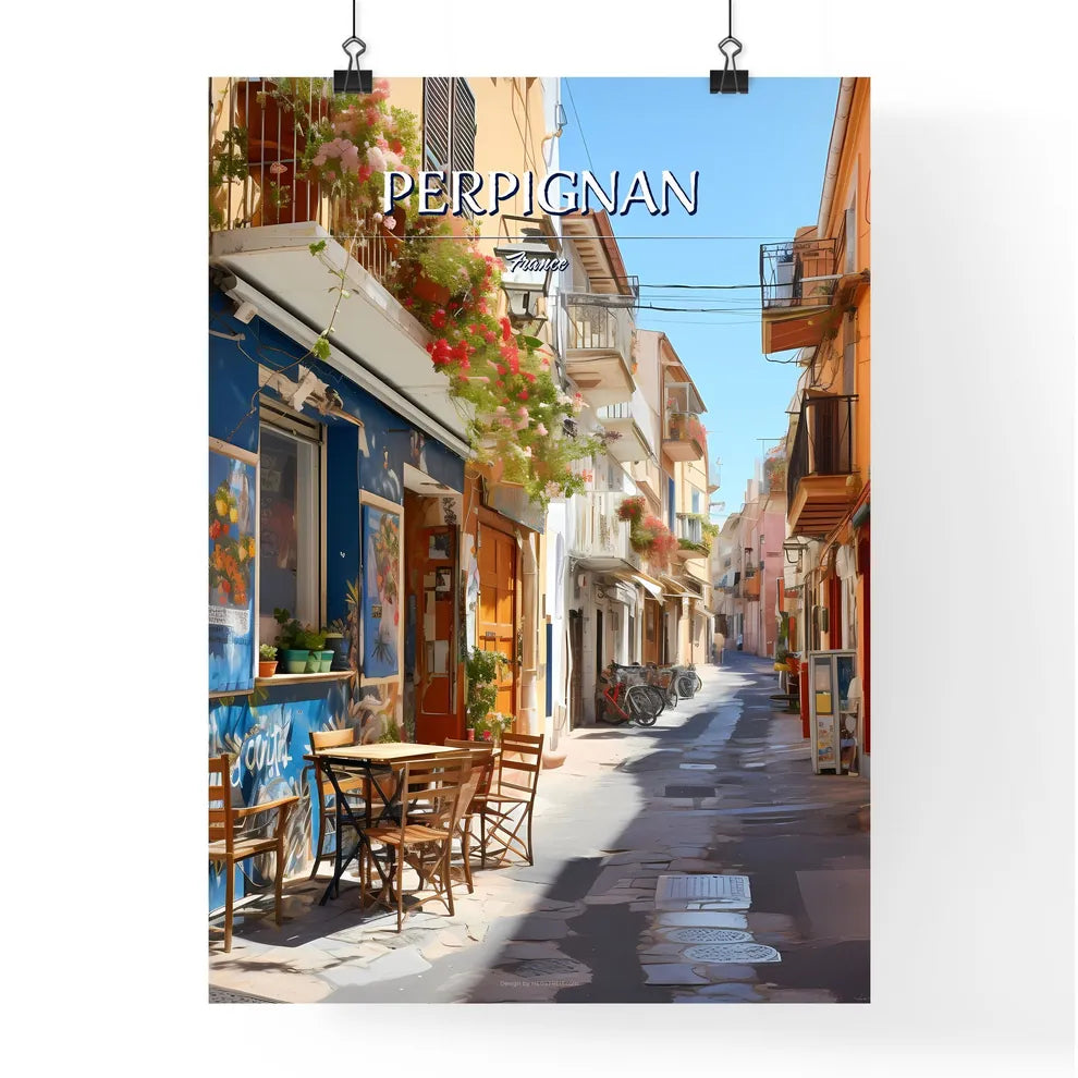 Perpignan, France - Art print of a street with tables and chairs in a small town Poster