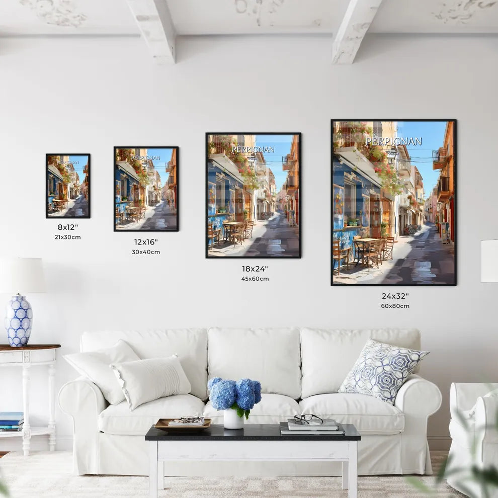 Perpignan, France - Art print of a street with tables and chairs in a small town Size Chart