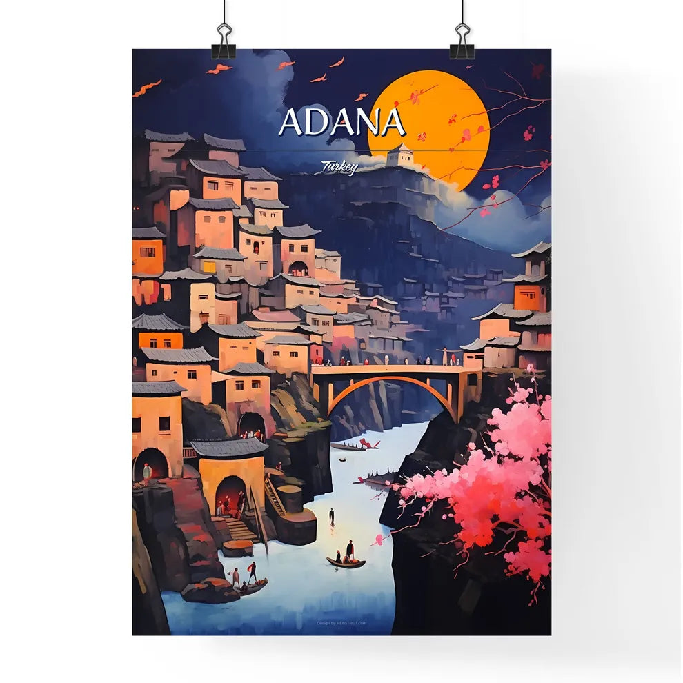 Adana, Turkey - Art print of a painting of a city with a bridge over a river Poster