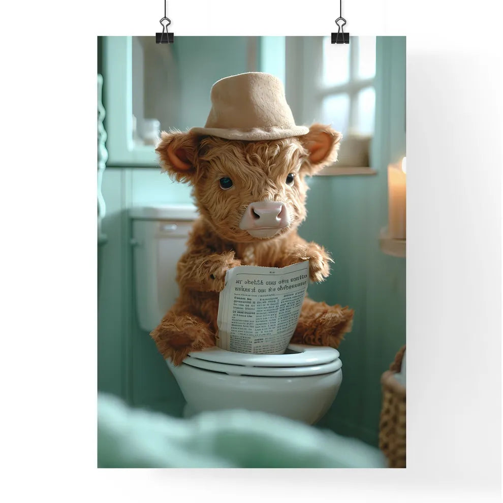 A cow sitting on a tiny toilet  Poster