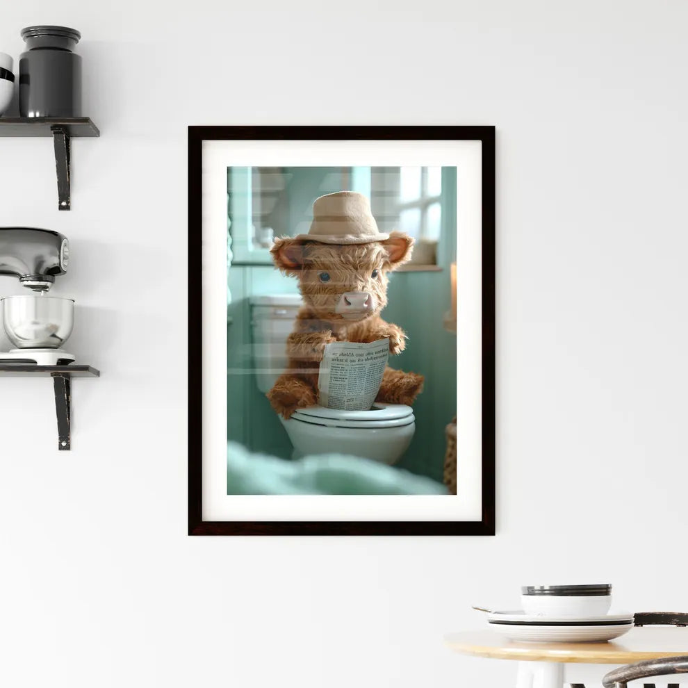 A cow sitting on a tiny toilet  Framed Print