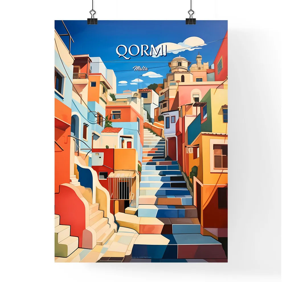 Qormi, Malta - Art print of a painting of a colorful city Poster